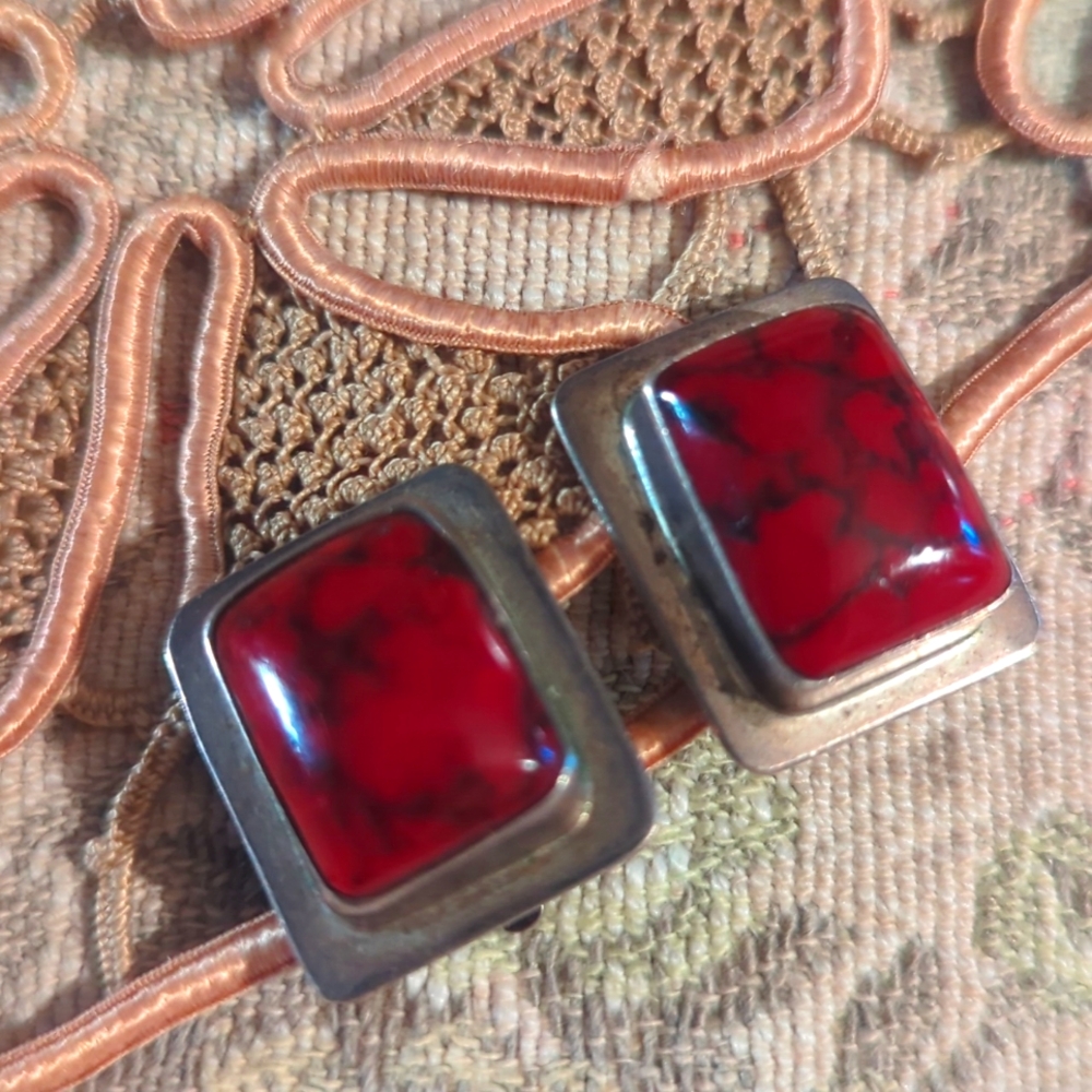 Chunky red stone 925 signed clip on earrings